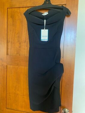 Chiara Boni Black Midi Off-Shoulder Draped Sheath Dress